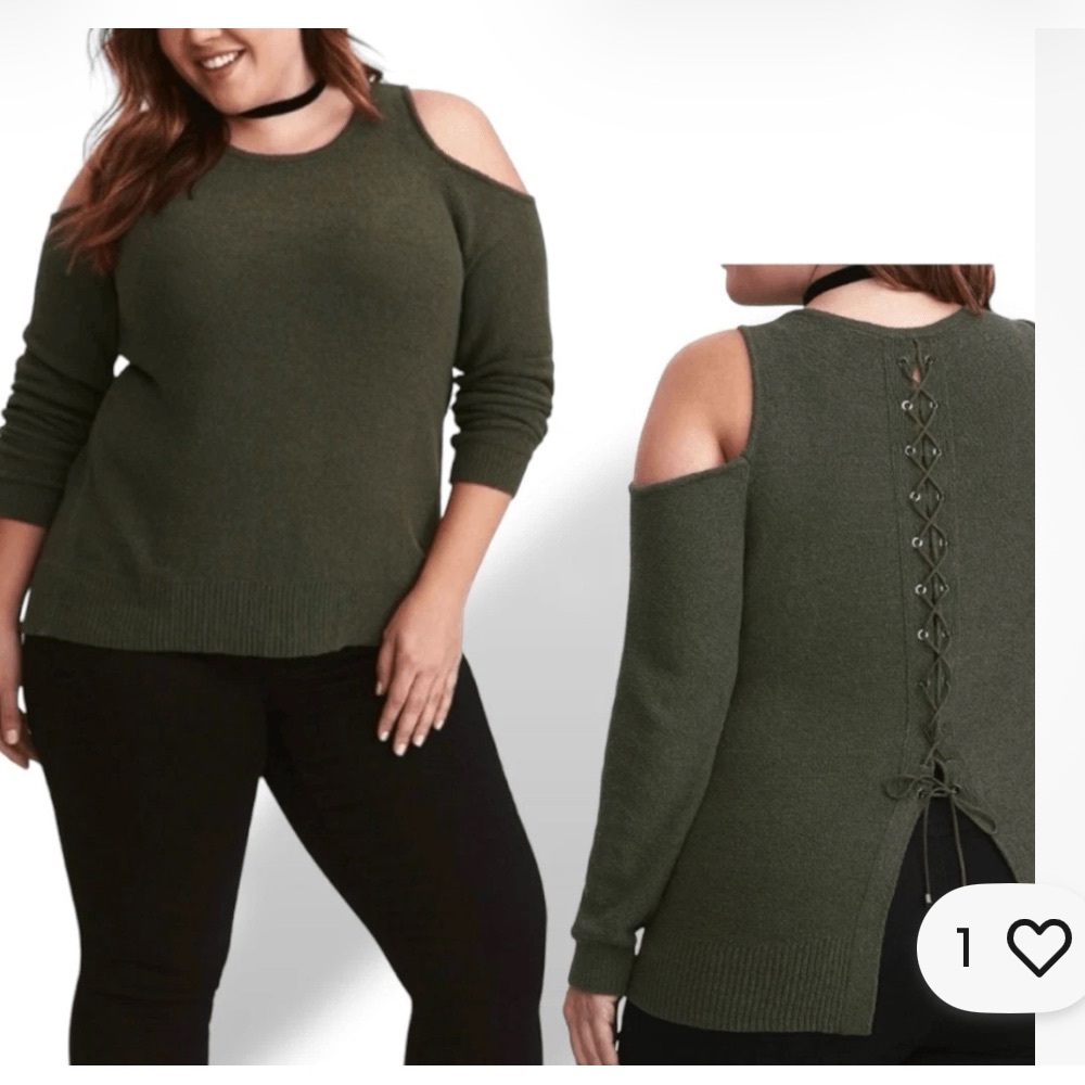 Torrid Off-the-Shoulder Olive Sweater with Lace-Up Back 1X